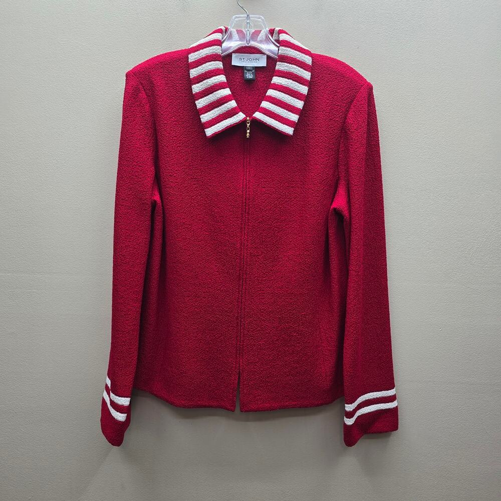 St. John Collection Zip Up Knit Jacket Sz 12 Red & White Quiet Luxury Work Wear